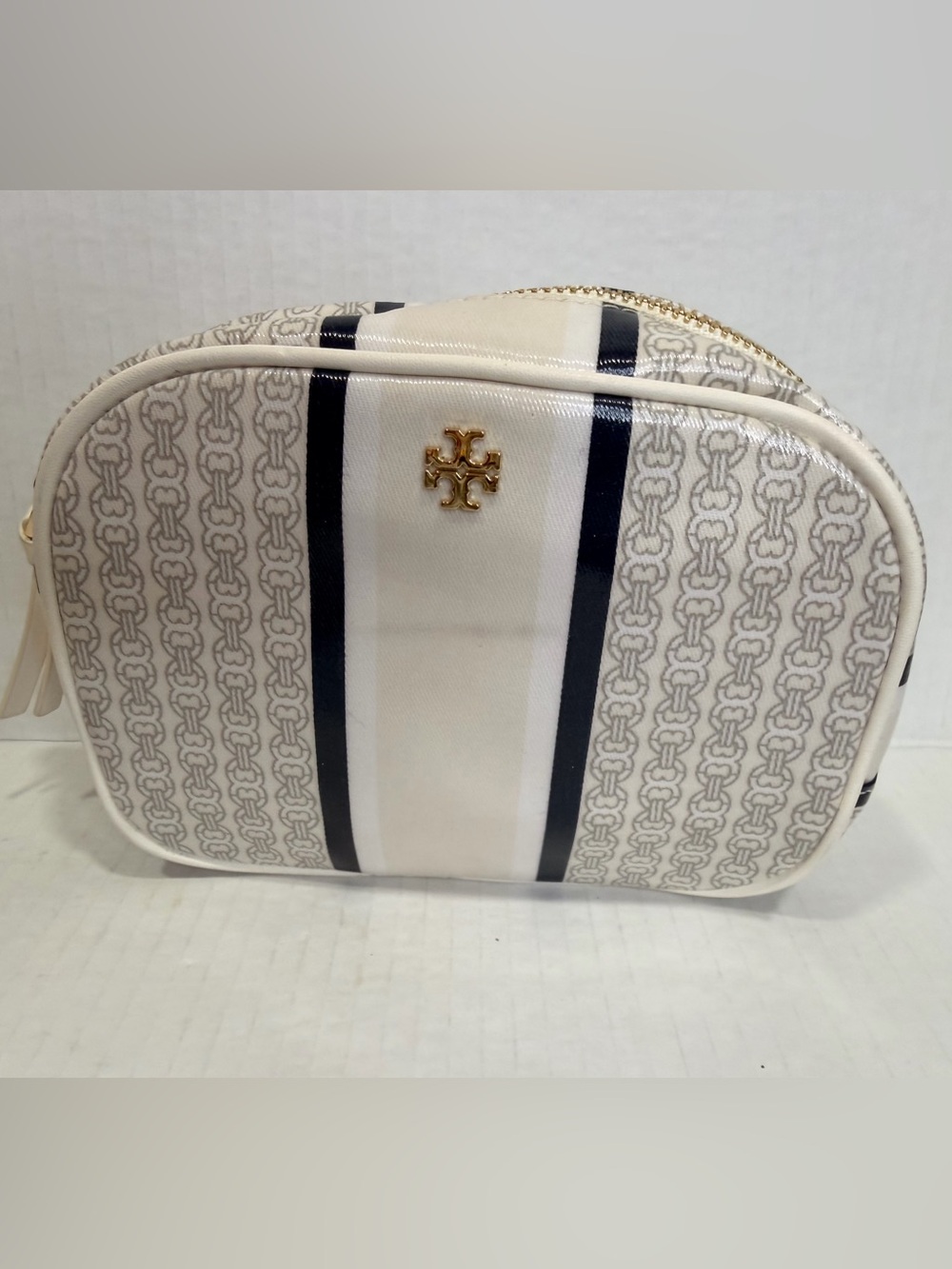 Blue Tory Burch Gemini Link Stripe Makeup Bag With vertical striped design